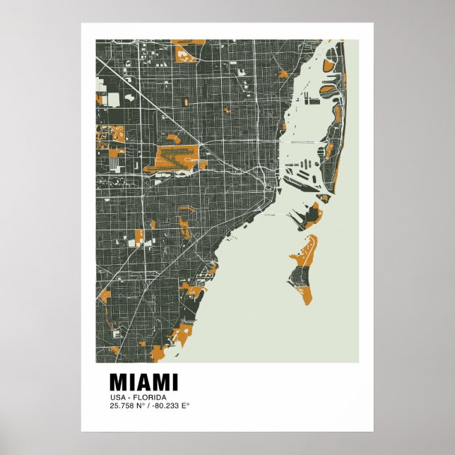 Miami Map Poster - Miami Green & Gold Map (Front)