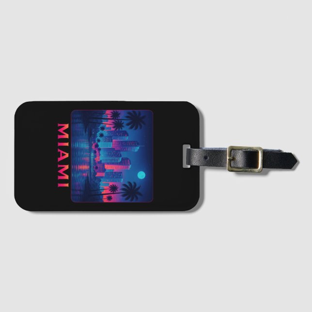 Miami Moonrise - Neon Skyline Luggage Tag (Front Horizontal)