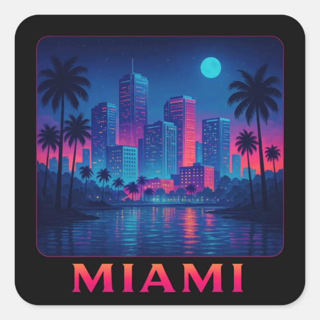 Miami Moonrise - Neon Skyline Square Sticker (Front)