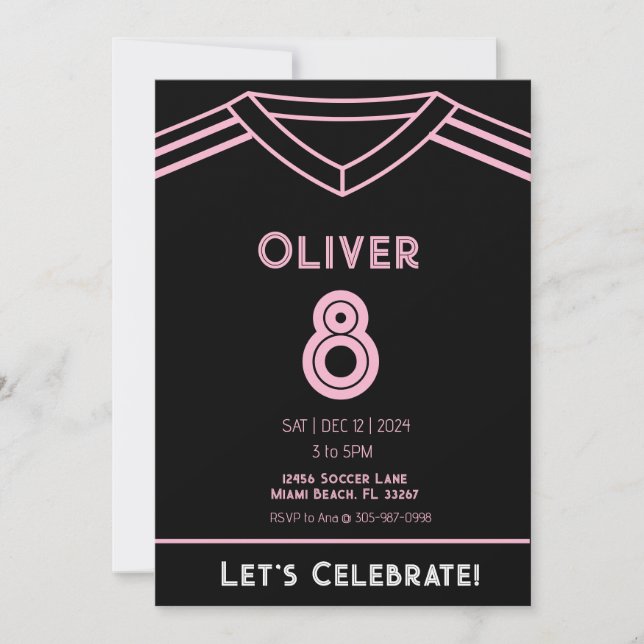 Miami Pink and Black Soccer Party Birthday Invitat Invitation (Front)