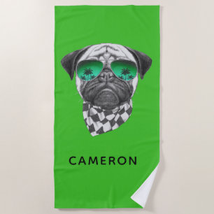 Miami Pug   Add Your Name Beach Towel