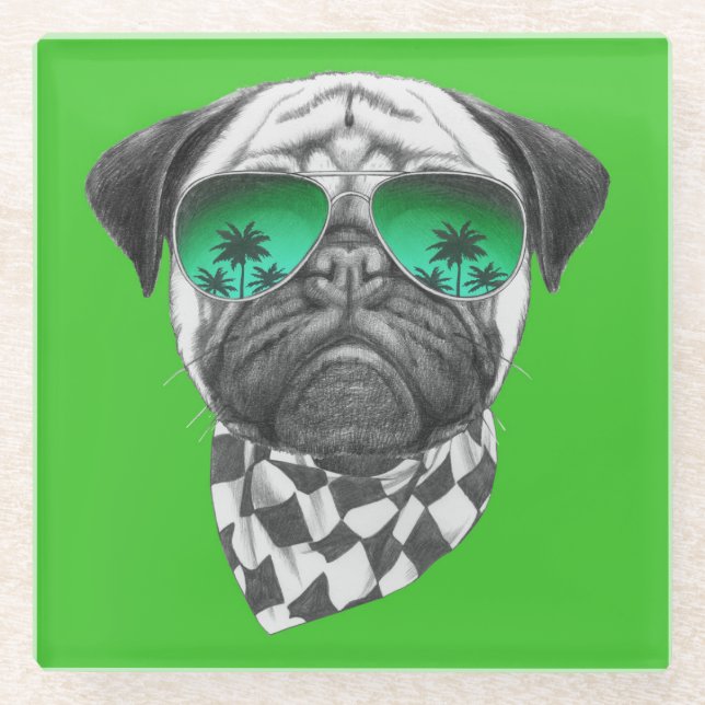 Miami Pug Glass Coaster (Front)