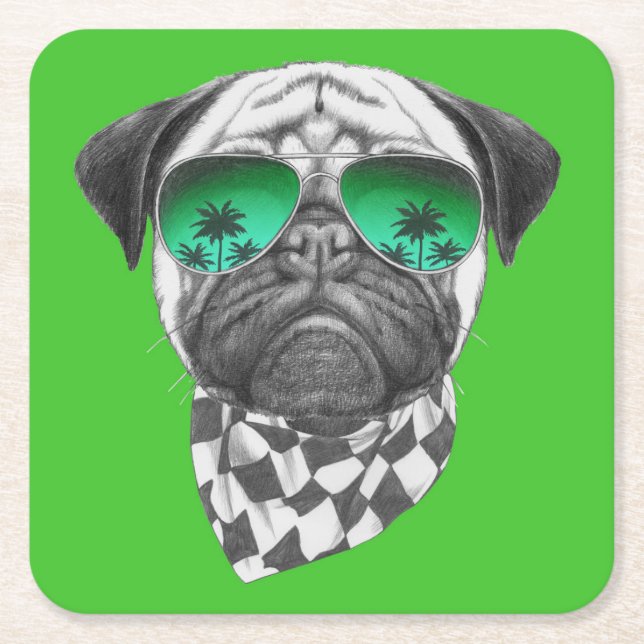 Miami Pug Square Paper Coaster (Front)
