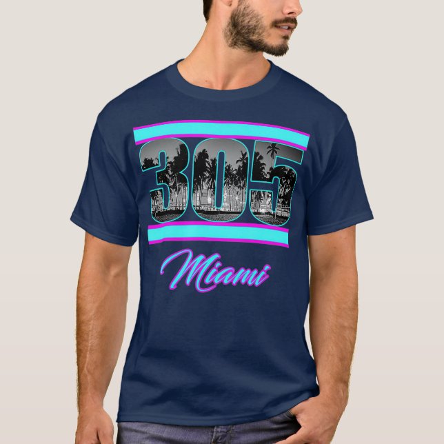 Miami Retro 305 South Beach View 80s Pink  Blue T-Shirt (Front)