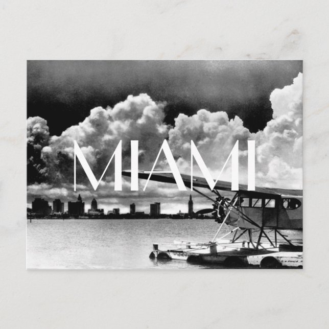 Miami skyline aeroplane black and white photo postcard (Front)