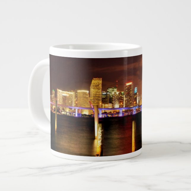 Miami skyline at night, Florida Large Coffee Mug (Front Left)