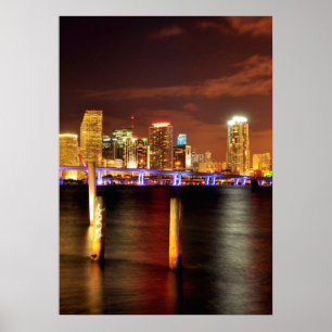 Miami skyline at night, Florida Poster