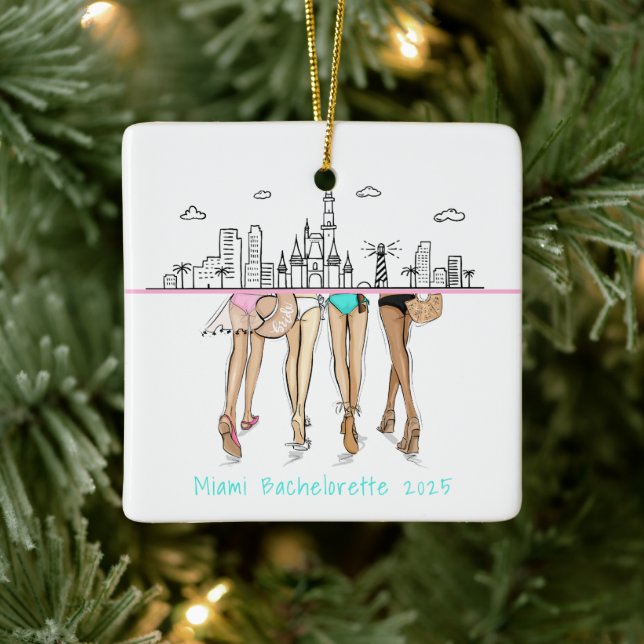 Miami Skyline Bachelorette Bikini Custom Keepsake Ceramic Ornament (Tree)