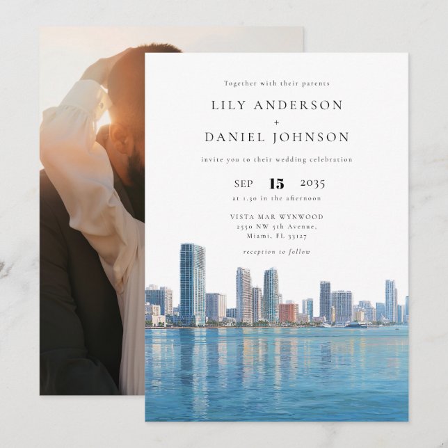 Miami Skyline Destination Photo Wedding Invitation (Front/Back)