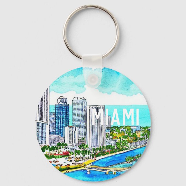 Miami Skyline Tropical Postcard Key Ring (Front)