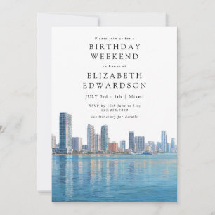 Miami Skyline Watercolor Birthday Weekend Invitation