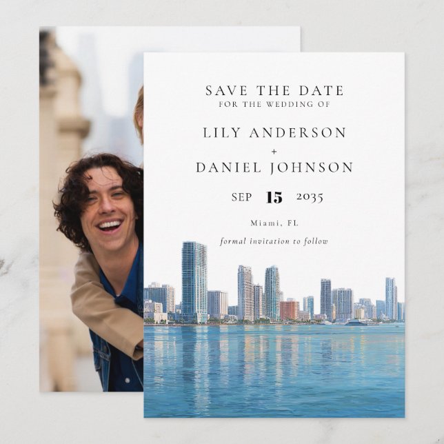 Miami Skyline Watercolor Photo Wedding Save The Date (Front/Back)