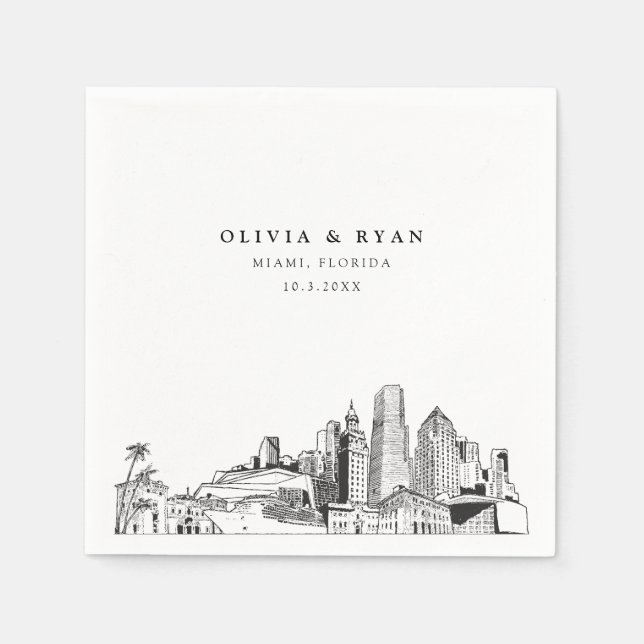 Miami Skyline Wedding Paper Cocktail Napkin (Front)
