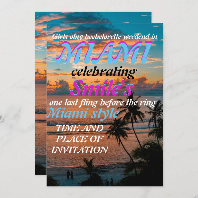 Miami Summer Girls Weekend Bachelorette Party Invi Invitation (Front/Back)