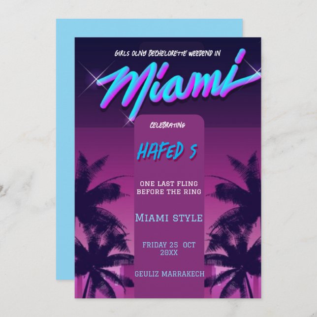Miami Summer Girls Weekend Bachelorette Party Invi Invitation (Front/Back)