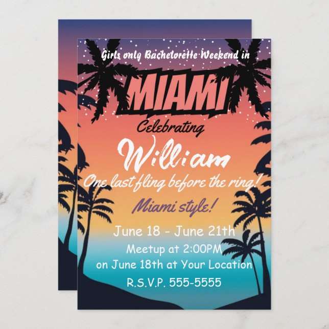 Miami Summer Girls Weekend Bachelorette Party Invitation (Front/Back)
