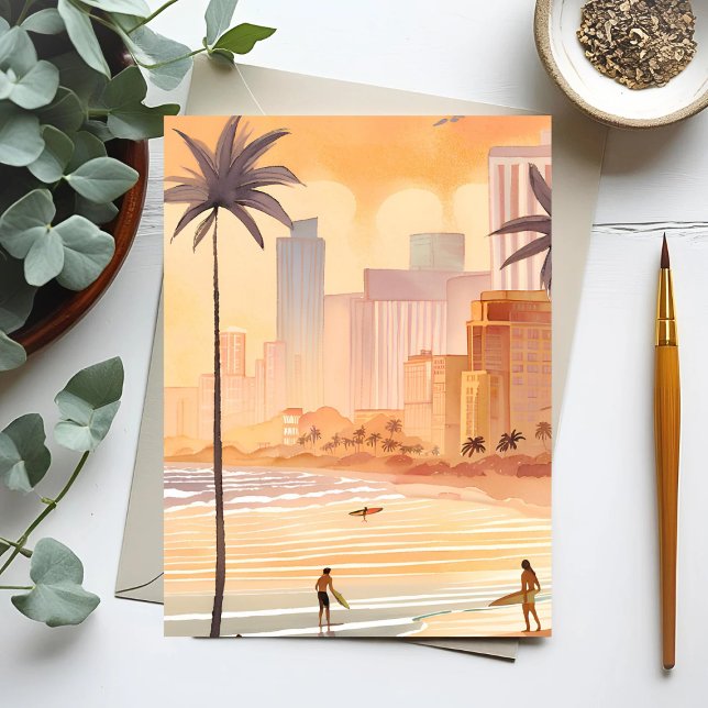 Miami Sunrise | Yellow Watercolor Skyline Painting Postcard (Creator Uploaded)