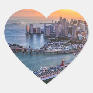 Miami Sunset Cruise Ship & Coastal Skyline Citysca Heart Sticker