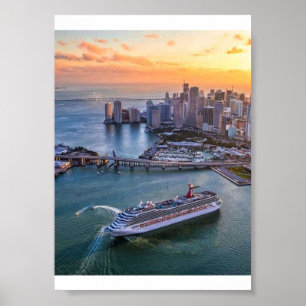 Miami Sunset Cruise Ship & Coastal Skyline Citysca Poster