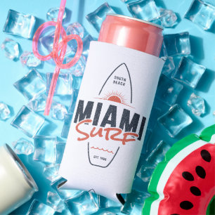 Miami Surf – Vintage Beach Sunset Surfboard Design Seltzer Can Cooler