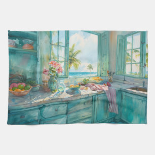 Miami Tropical Kitchen Watercolor with Palm and Oc Tea Towel