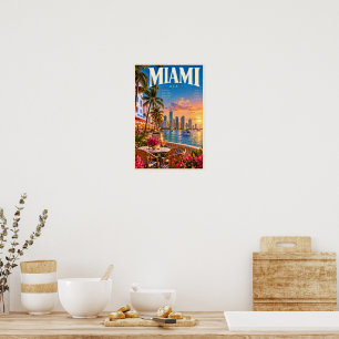 Miami USA Waterfront Skyline Travel Poster Wall Ar