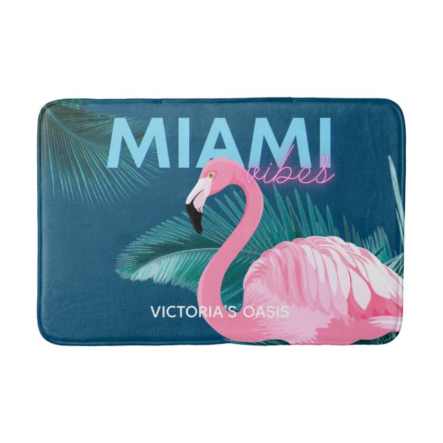 Miami Vibes Neon Flamingo Art Deco Bath Mat (Front)