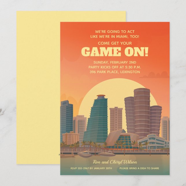 Miami Waterfront Game On Football Party Invitation (Front/Back)
