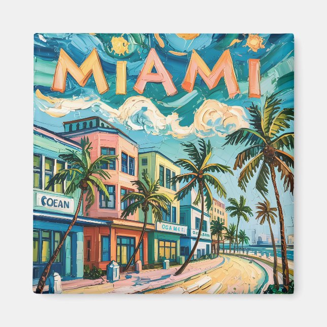 Miami's Ocean Drive Travel Art in Van Gogh's Style Magnet (Front)
