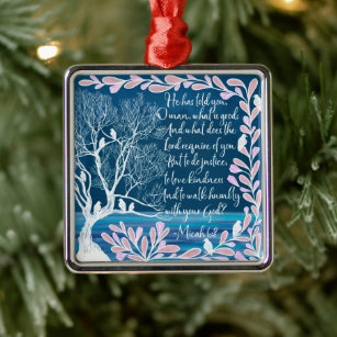 Micah 6:8 Teal Blue White Tree Birds Bible Verse Metal Ornament