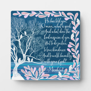 Micah 6:8 Teal Blue White Tree Birds Bible Verse Plaque