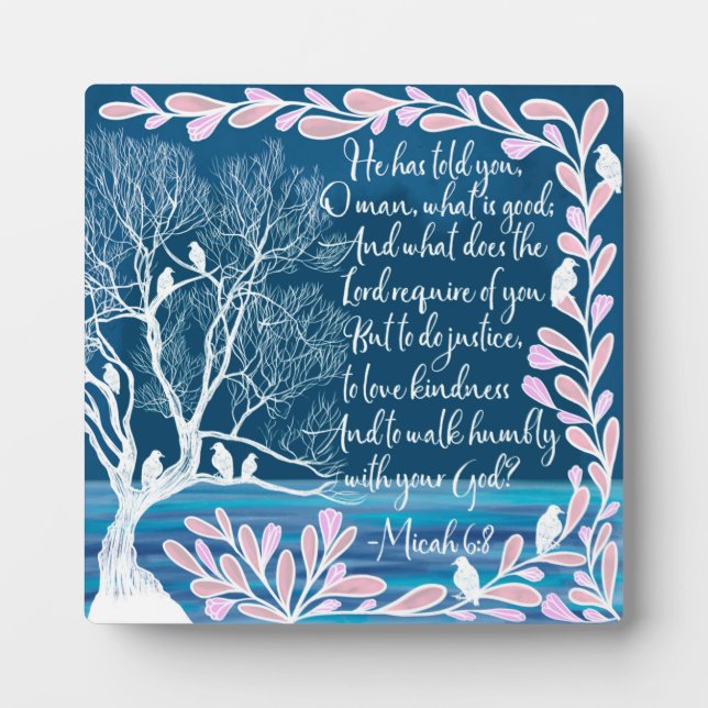 Micah 6:8 Teal Blue White Tree Birds Bible Verse Plaque (Front)