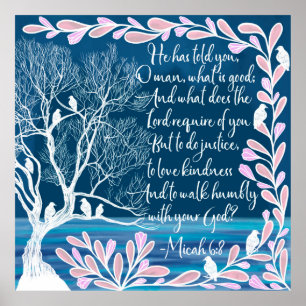 Micah 6:8 Teal Blue White Tree Birds Bible Verse Poster
