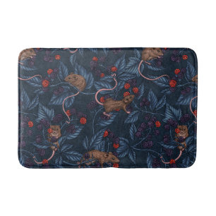 Mice and blackberries on navy bath mat