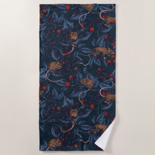 Mice and blackberries on navy beach towel