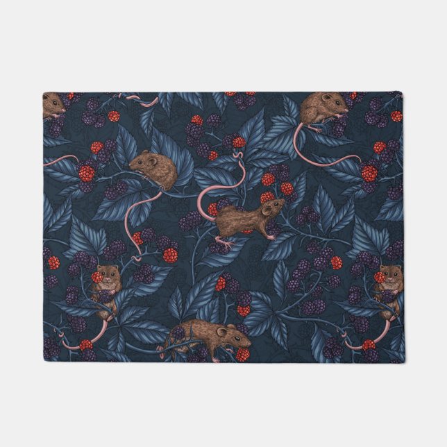 Mice and blackberries on navy doormat (Front)