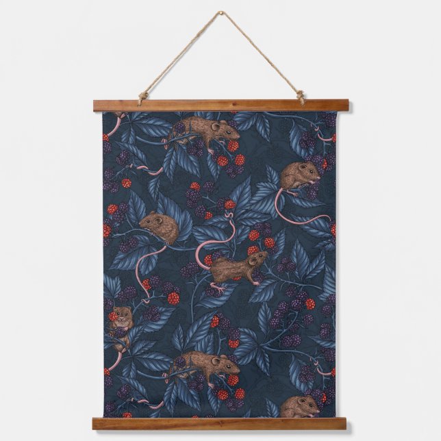 Mice and blackberries on navy hanging tapestry (Front)