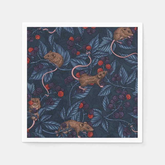 Mice and blackberries on navy napkin (Front)