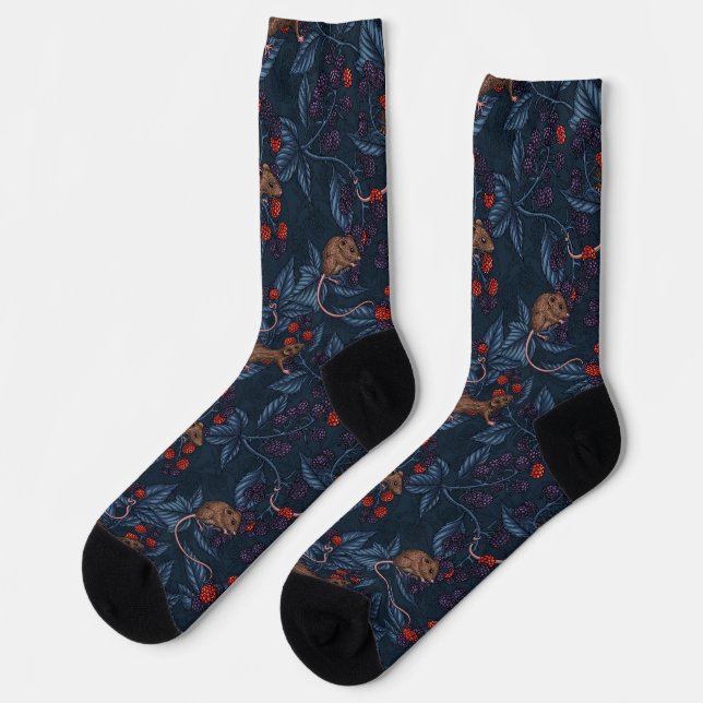 Mice and blackberries on navy socks (Left)