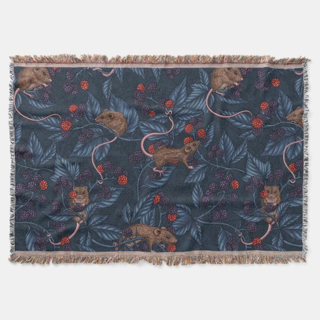 Mice and blackberries on navy throw blanket (Front)