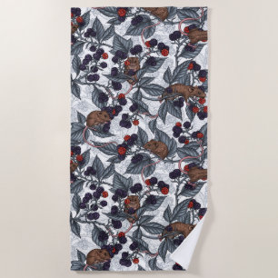 Mice and blackberries on white beach towel