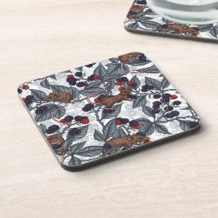 Mice and blackberries on white coaster