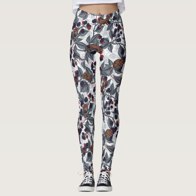 Mice and blackberries on white leggings (Front)