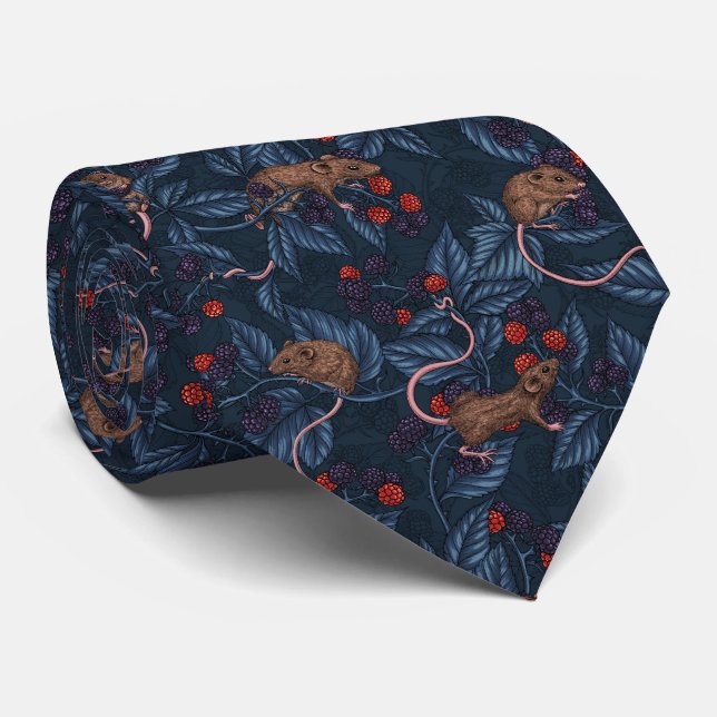 Mice and blackberries on white neck tie (Rolled)