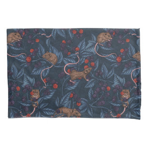 Mice and blackberries on white pillow case