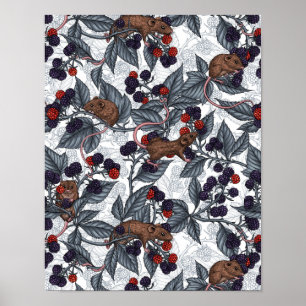 Mice and blackberries on white poster