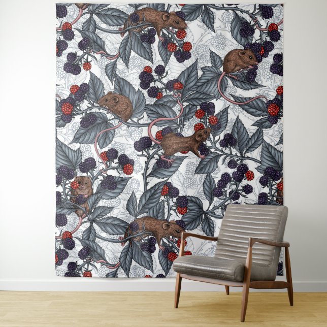 Mice and blackberries on white tapestry (In Situ)