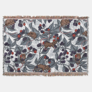 Mice and blackberries on white throw blanket
