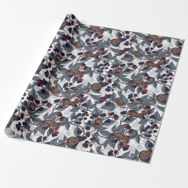 Mice and blackberries on white wrapping paper (Unrolled)