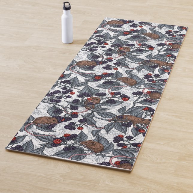 Mice and blackberries on white yoga mat (In Situ)